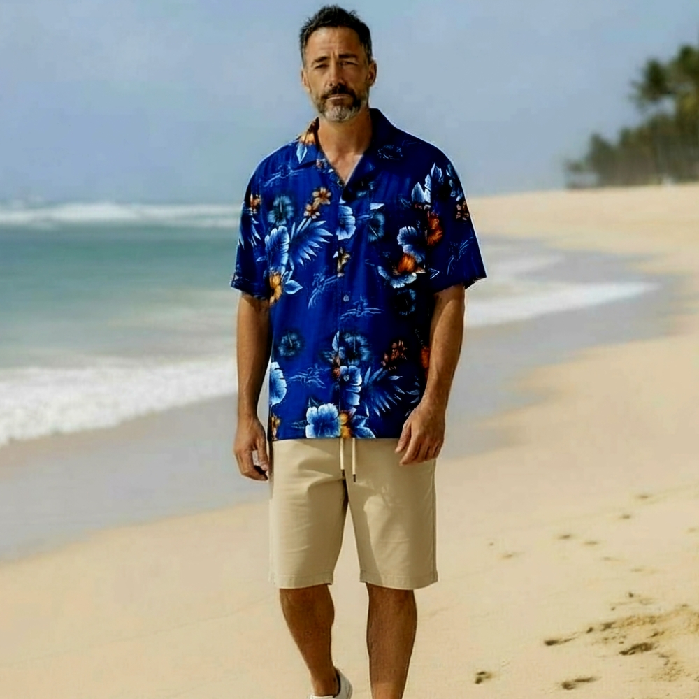Kennington Mens Large Blue Floral Casual Button Down Shirt Short Sleeves